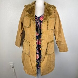 RAG Tan Suede Penny Lane Jacket Womens Large Faux Fur Trim Western Boho Vintage